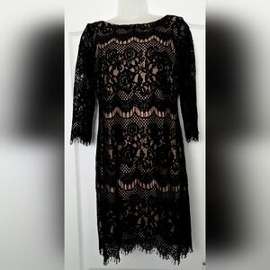 Jessica Howard Black/Nude Lace Dress with 3/4 Sleeve Knee Length Fitted Size 8